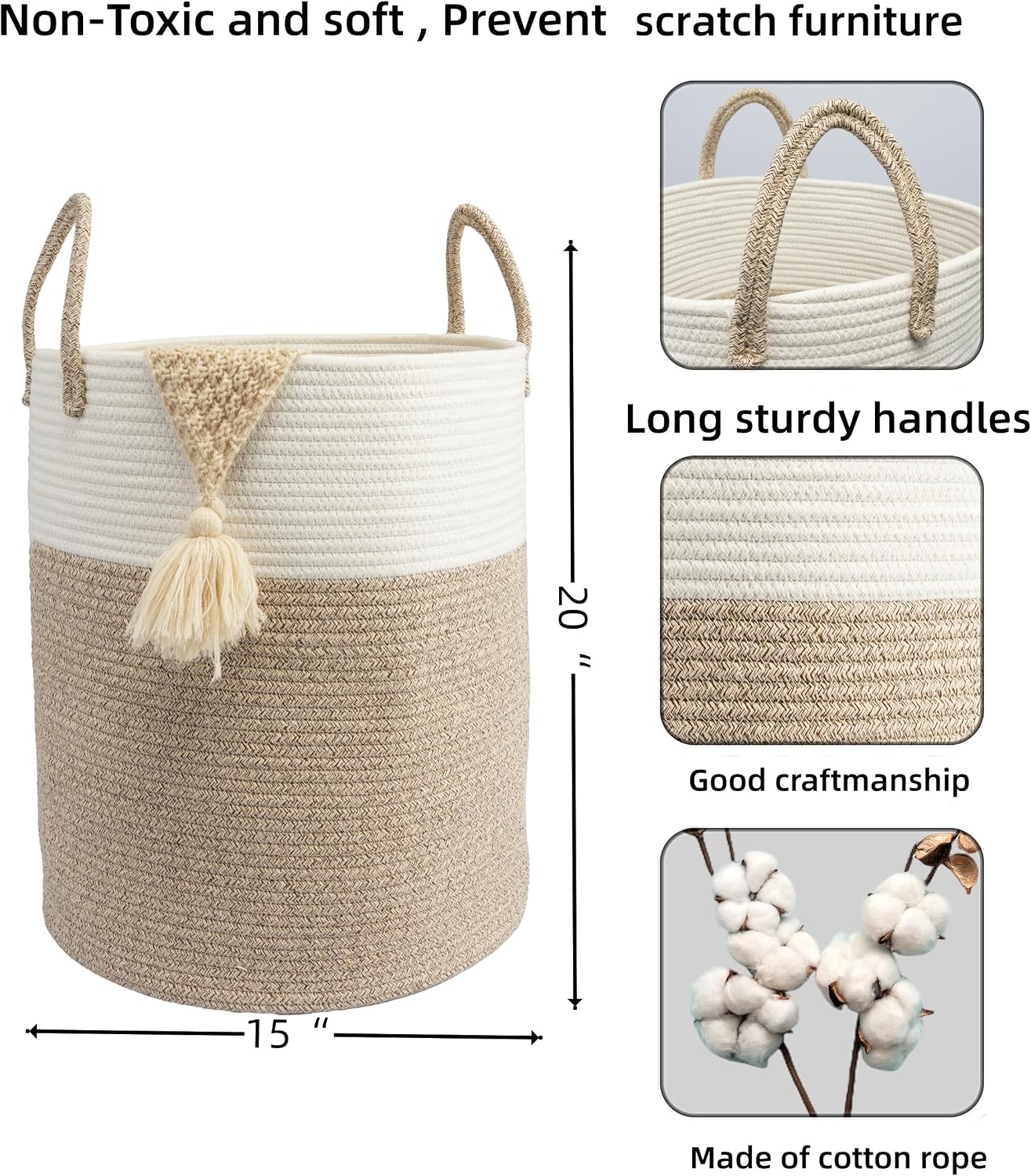 Cesta cuerda algodón 38x51cm para ropa sucia baño y bebé