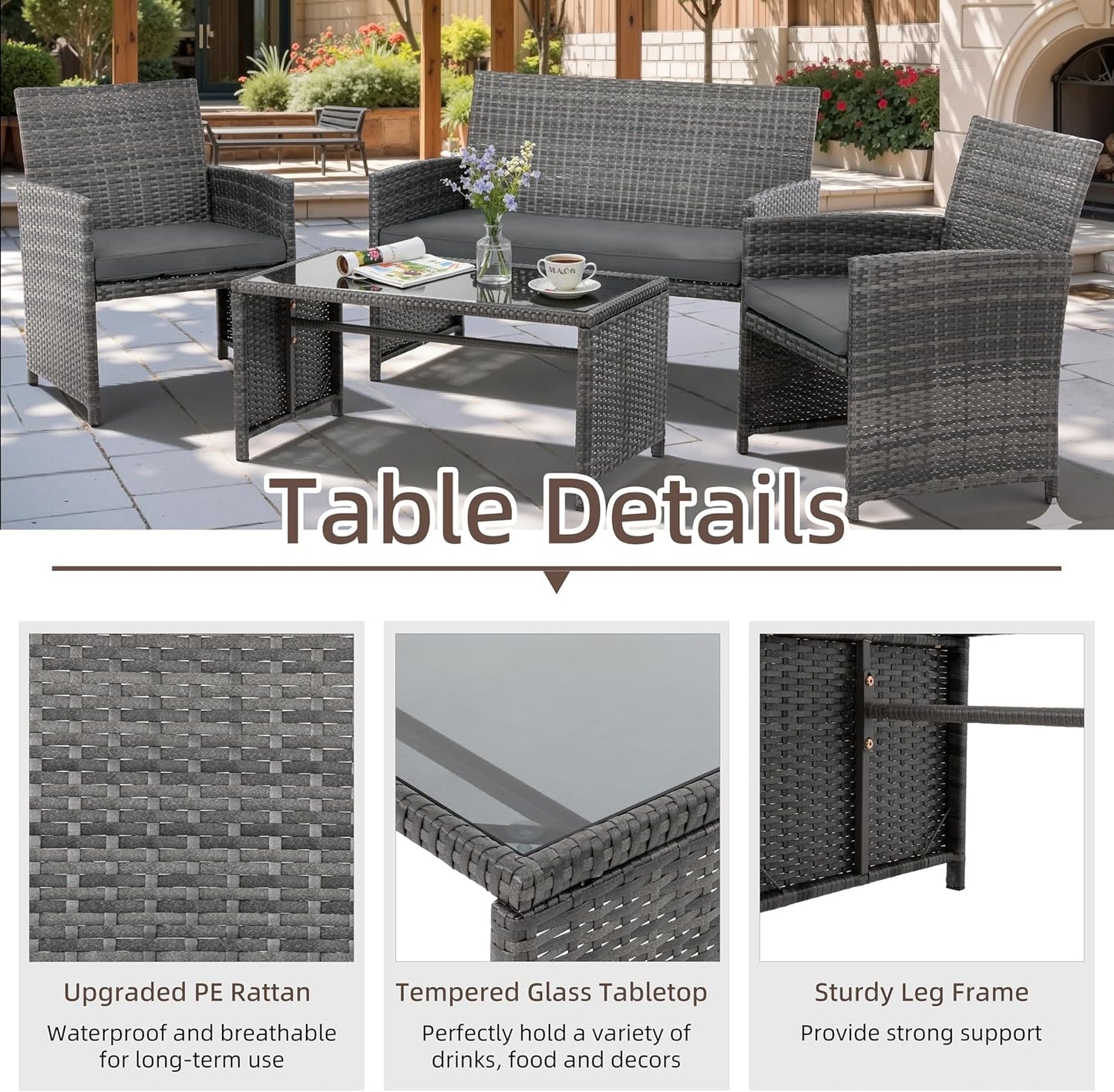 Set 4 Pzas Muebles Patio Mimbre Mesa Vidrio Templado Gris