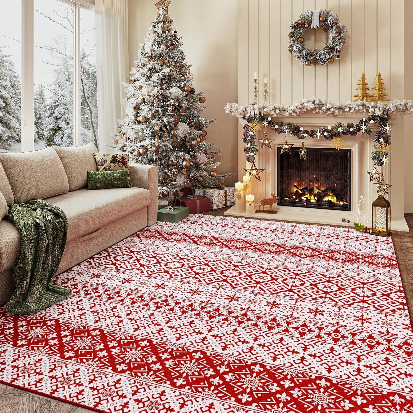 Alfombra navideña 5x7ft copos rojos antiderrap suave