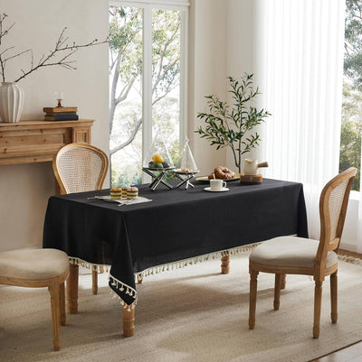Mantel lino borlas negro estilo granja 60x120pulg