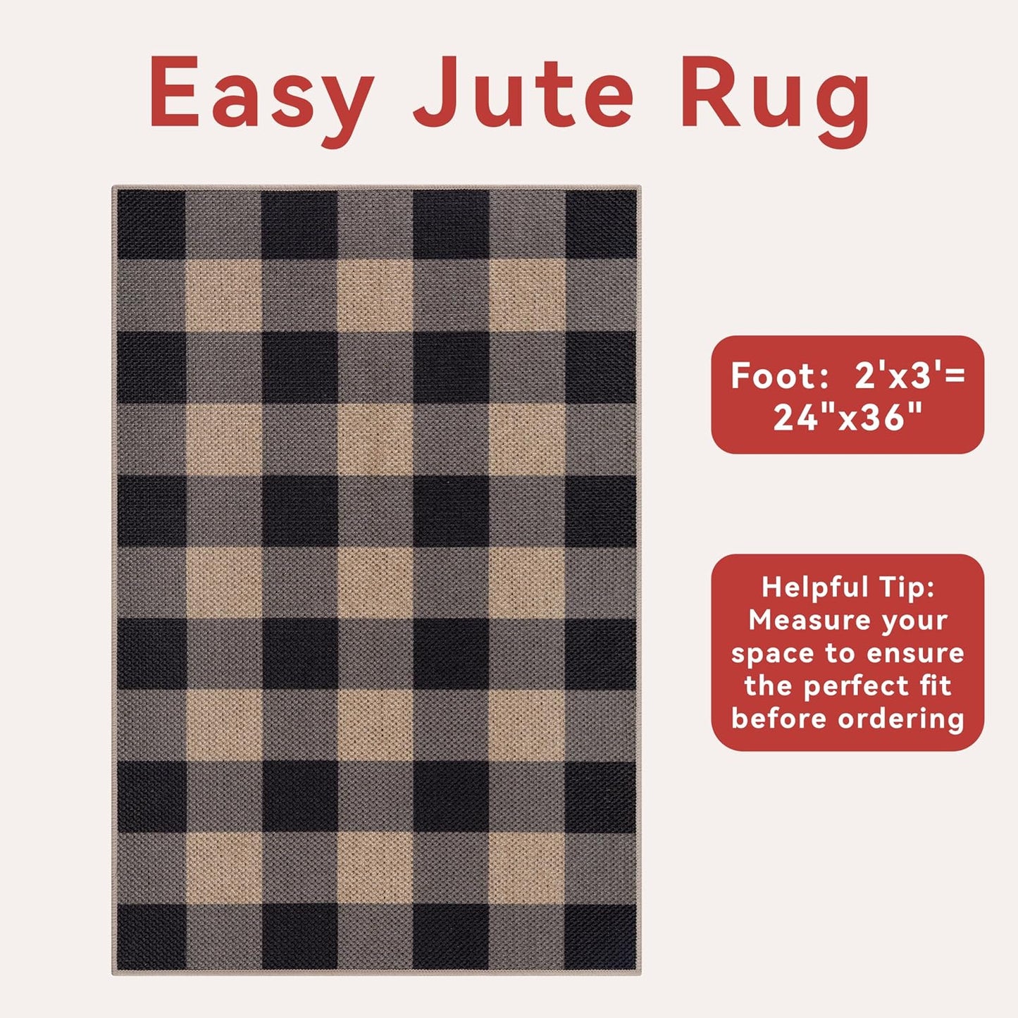 Alfombra yute cuadros 2x3ft antiderrap negro gris entrada