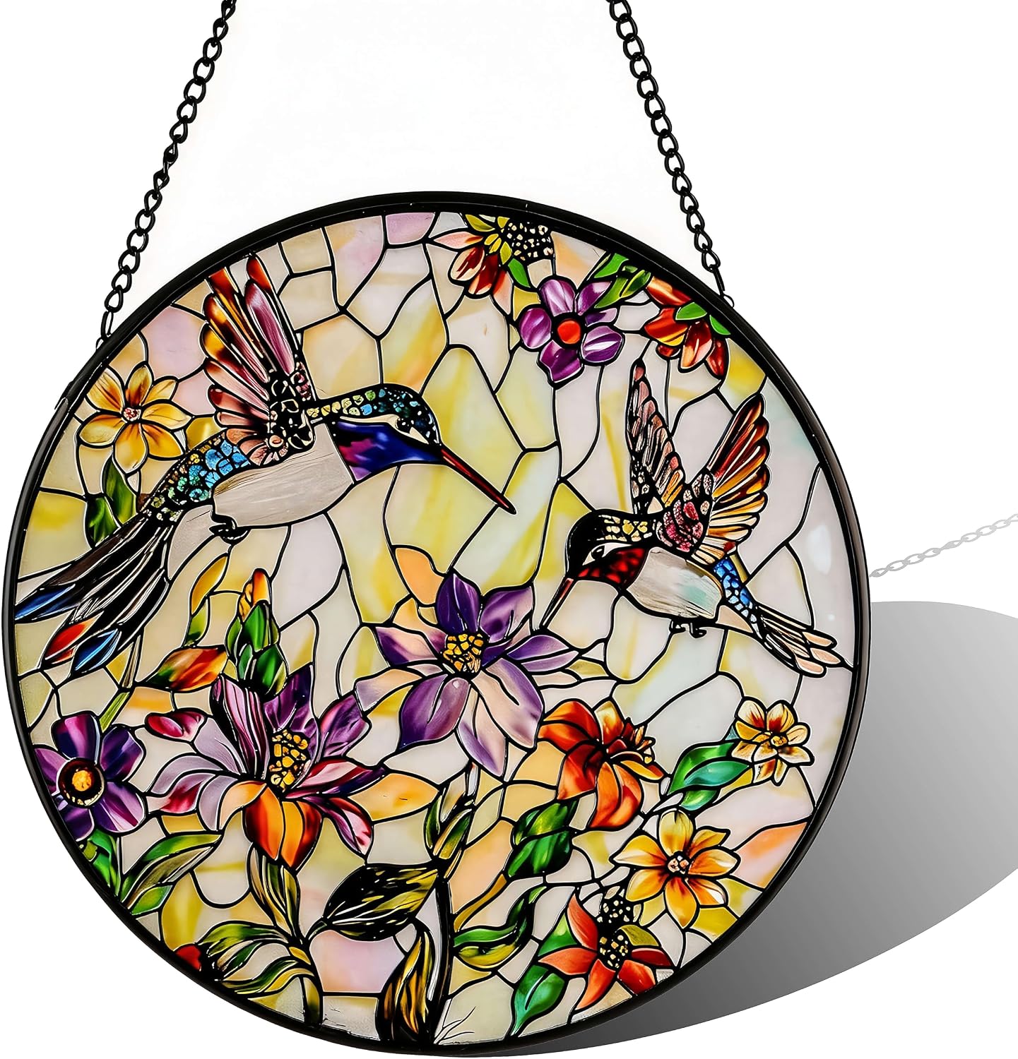 Atrapasoles vidriera con flores y aves 16cm