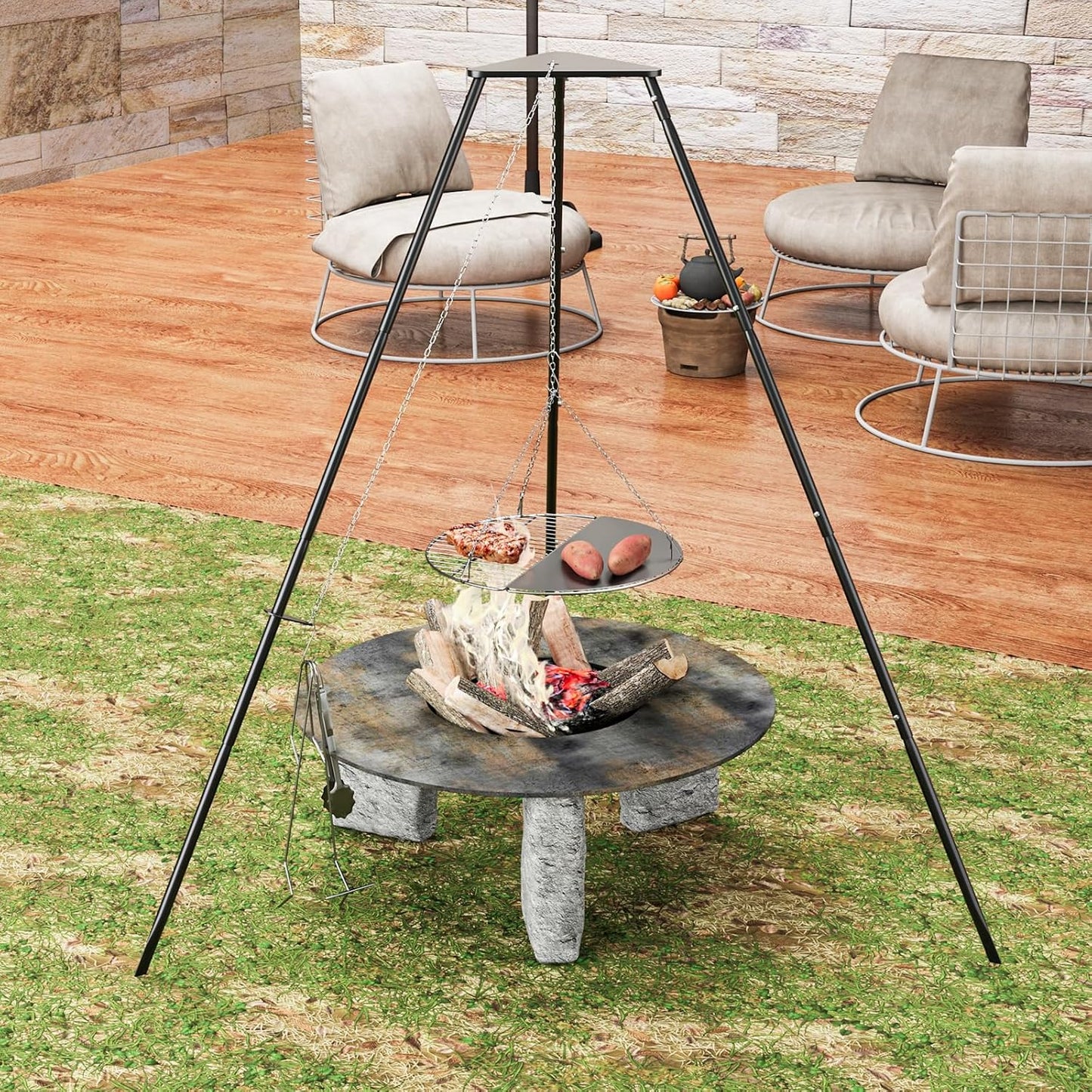 Trípode fogata con rejilla circular plancha ajustable