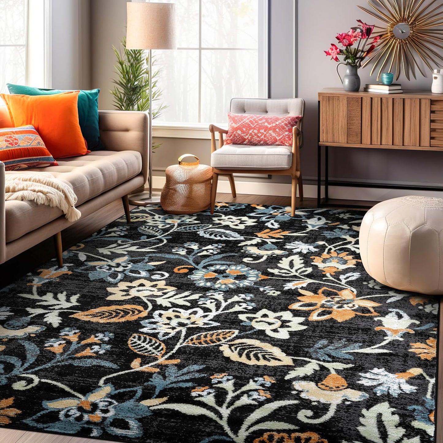 Alfombra área floral vid moderna 7x10ft color negro