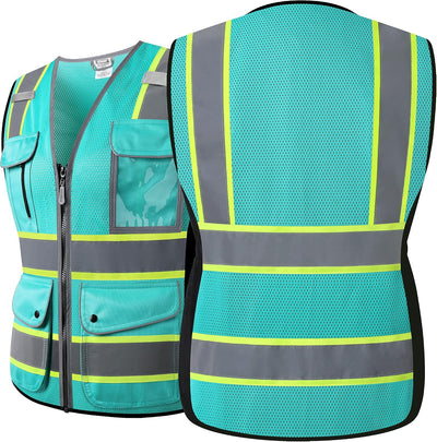 Chaleco seguridad malla pavo real 9 bolsillos cremallera XL