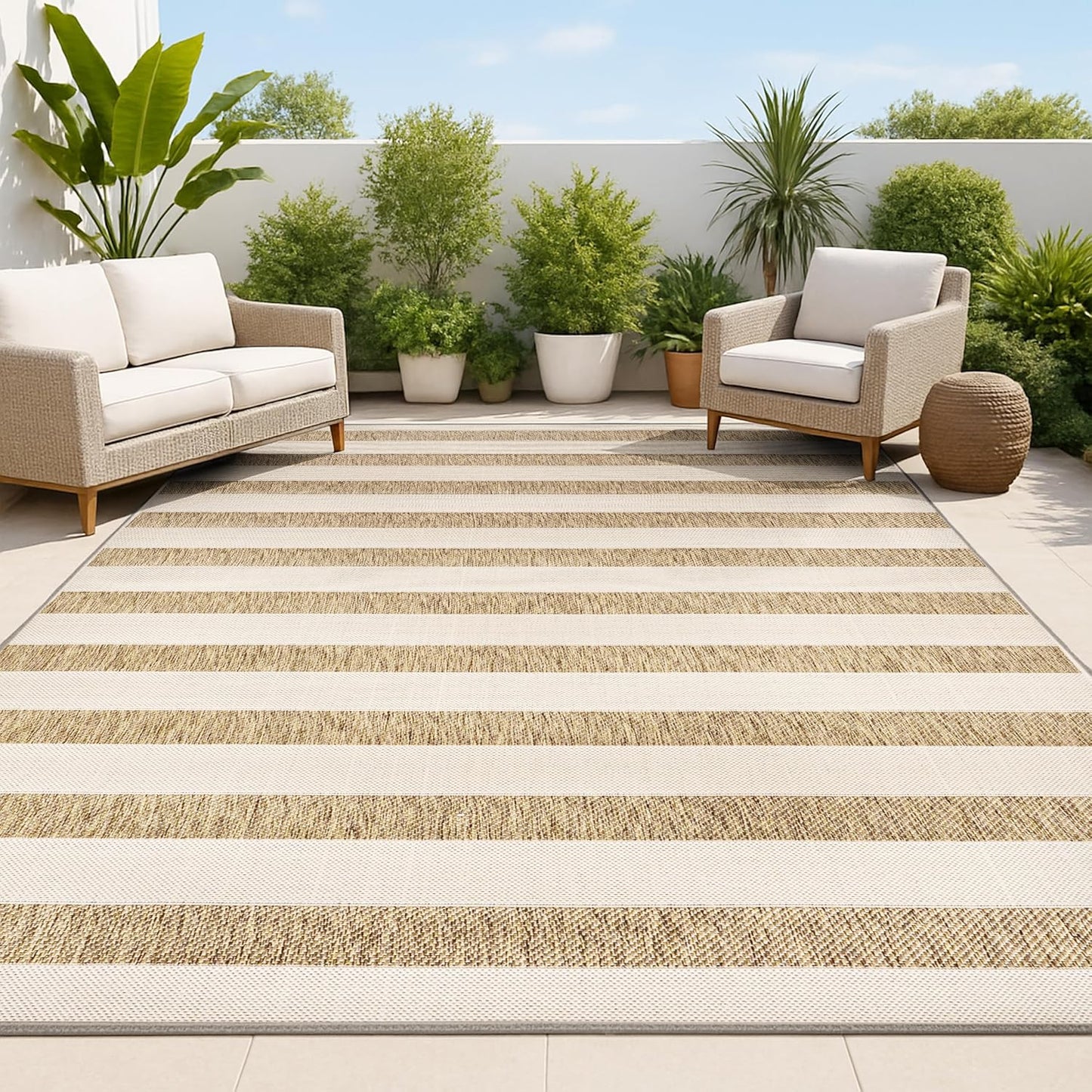Alfombra rayas anchas 8x10ft beige/marrón para patio