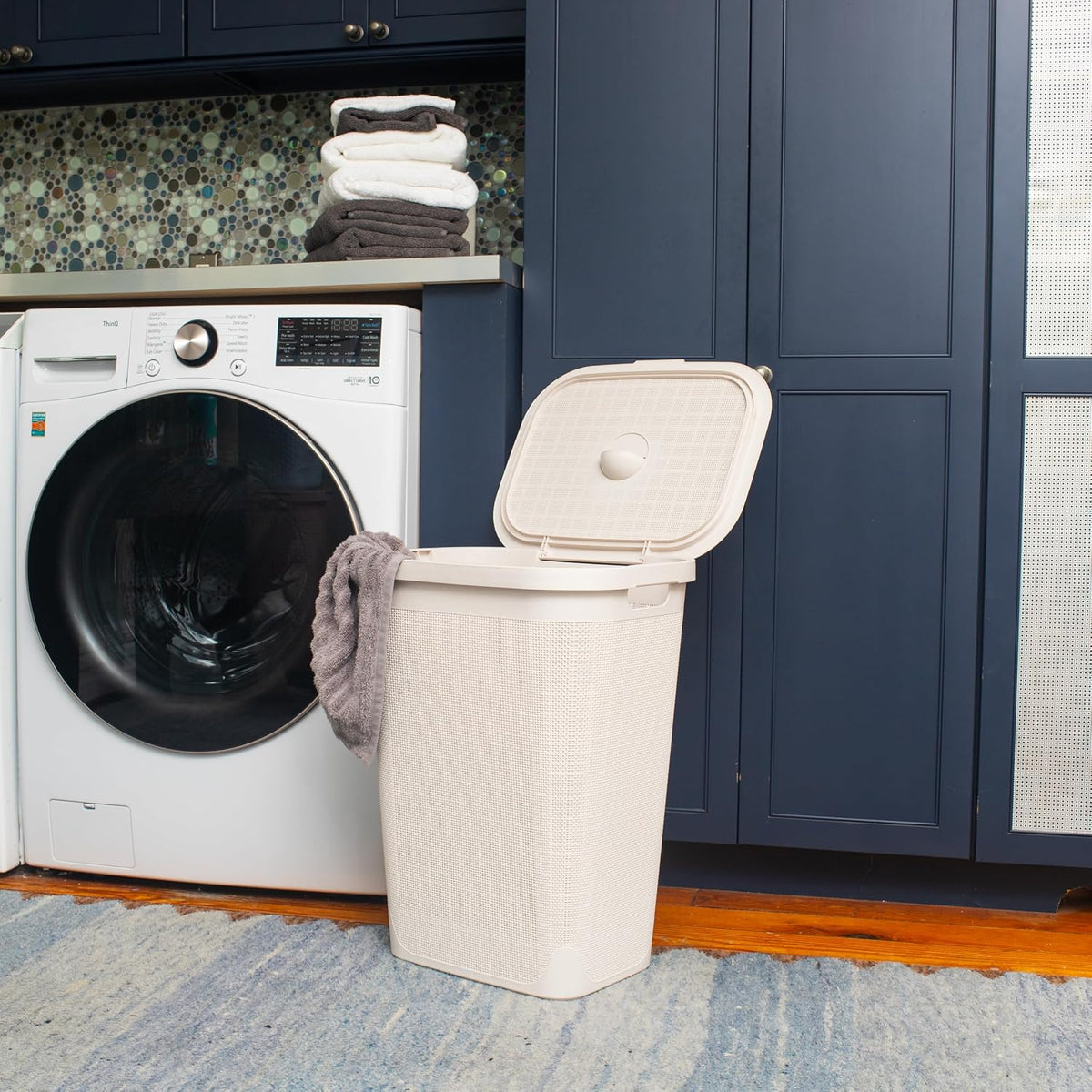 Cesta lavandería mimbre plástico marfil 50L con tapa