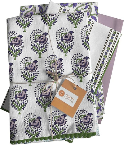 Paños cocina algodón estampado bloques blancos y lilas