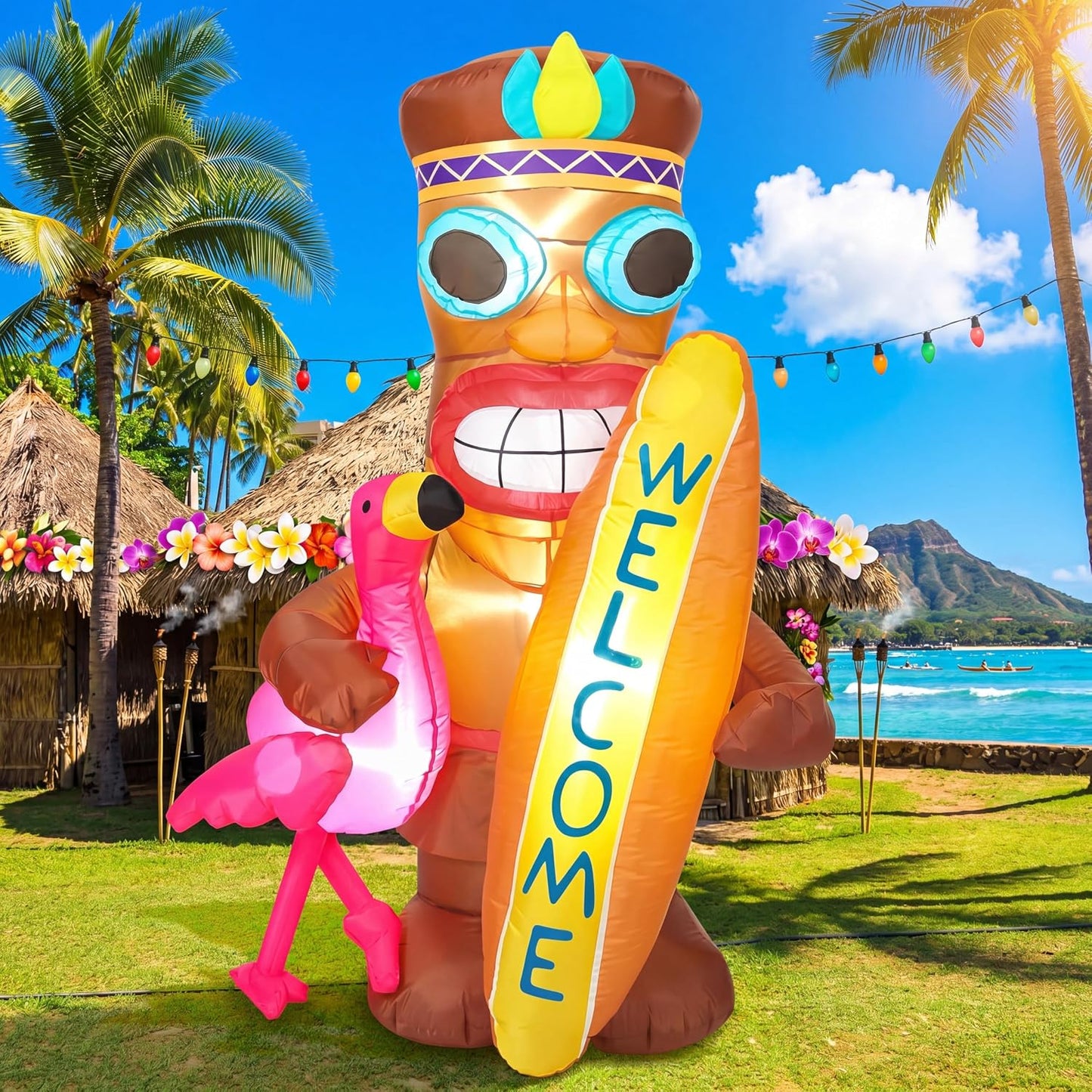 Flamenco inflable Tiki con luces LED decoración fiesta Luau