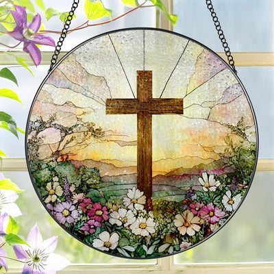 Atrapasol cruz vidrio emplomado 8pulg con flores silvestres