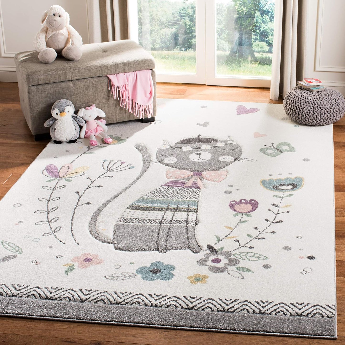 Alfombra decorativa gato 4x6ft color marfil y rosa para