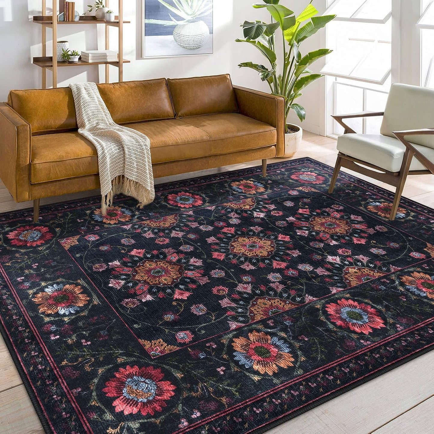 Alfombra lavable 5x7ft diseño floral negro pelo bajo