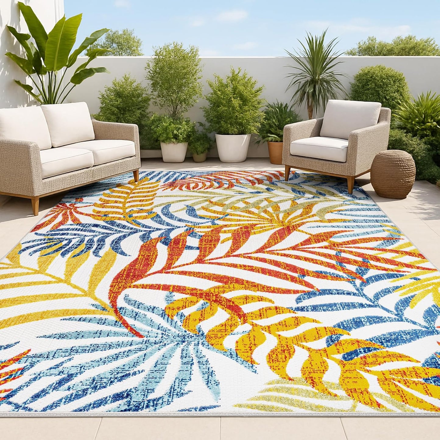 Alfombra área boho hojas palma patio entrada alta tráfico