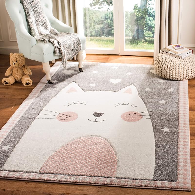 Alfombra área 5'3"x7'6" diseño gato color rosa y gris no