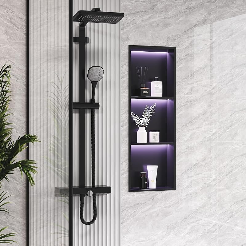 Nicho pared 3 niveles 12x36pulg con luces RGB negro acero