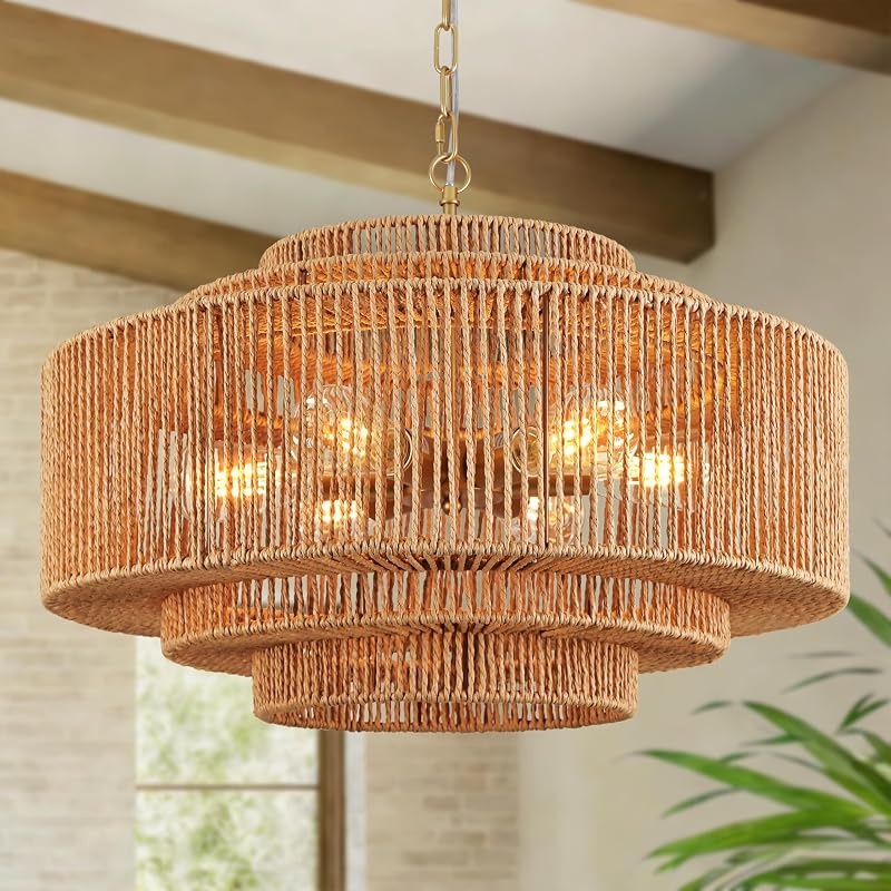 Lámpara colgante ratán dorada 6 luces candelabro boho