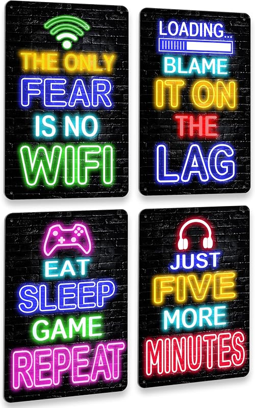 Letrero metal neon juegos 12x8 pulg set 4 decoración pared