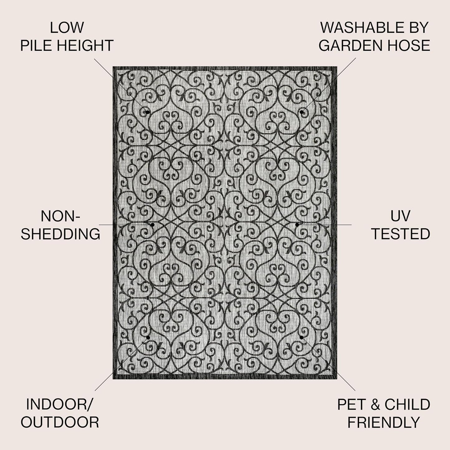 Alfombra vintage filigrana 5x8ft gris/negro texturizado