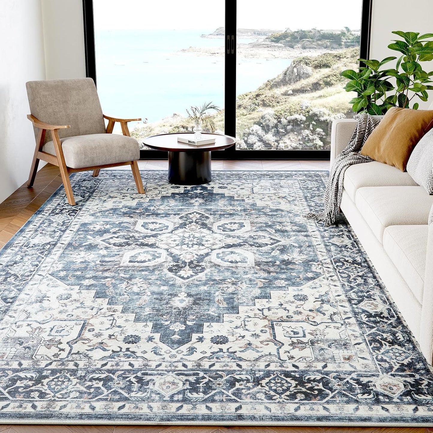 Alfombras área 6x9 azul lavables antiderrap vintage sala