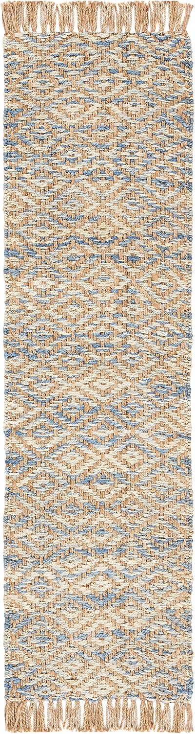 Alfombra pasillo 2ft3pulg x 8ft tejida a mano natural y azul