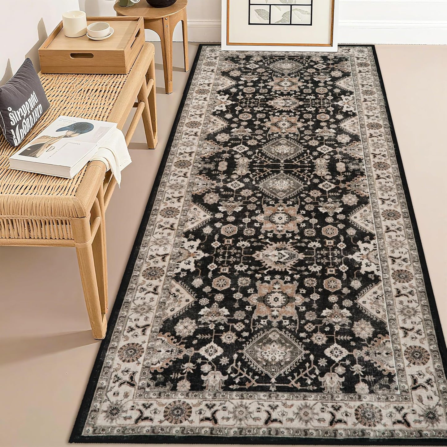 Alfombra larga 3x6ft antiderrap suave estilo granja negro