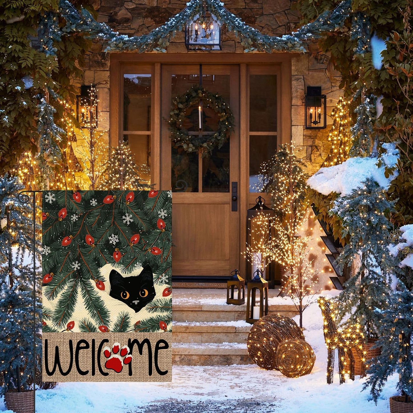 Bandera jardín Navidad 12x18" gato negro doble cara