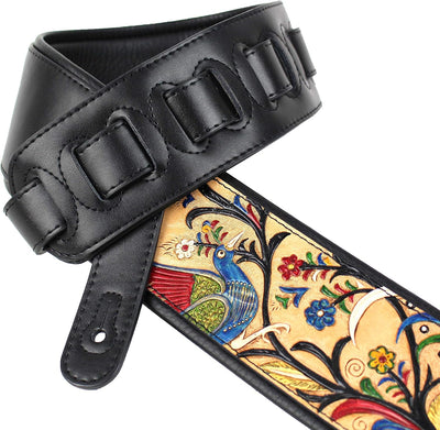 Correa guitarra cuero tallado bronceado pavo real