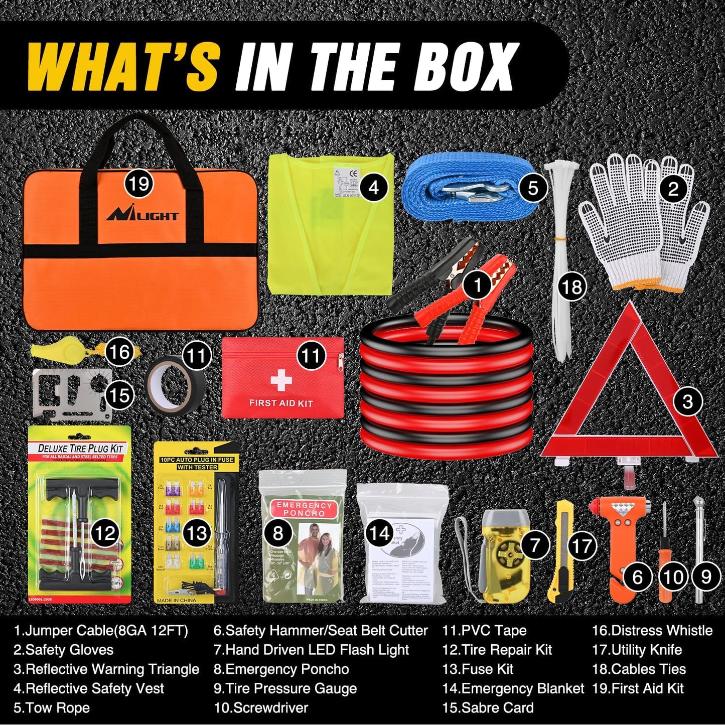 Kit emergencia coche con cables de arranque y linterna