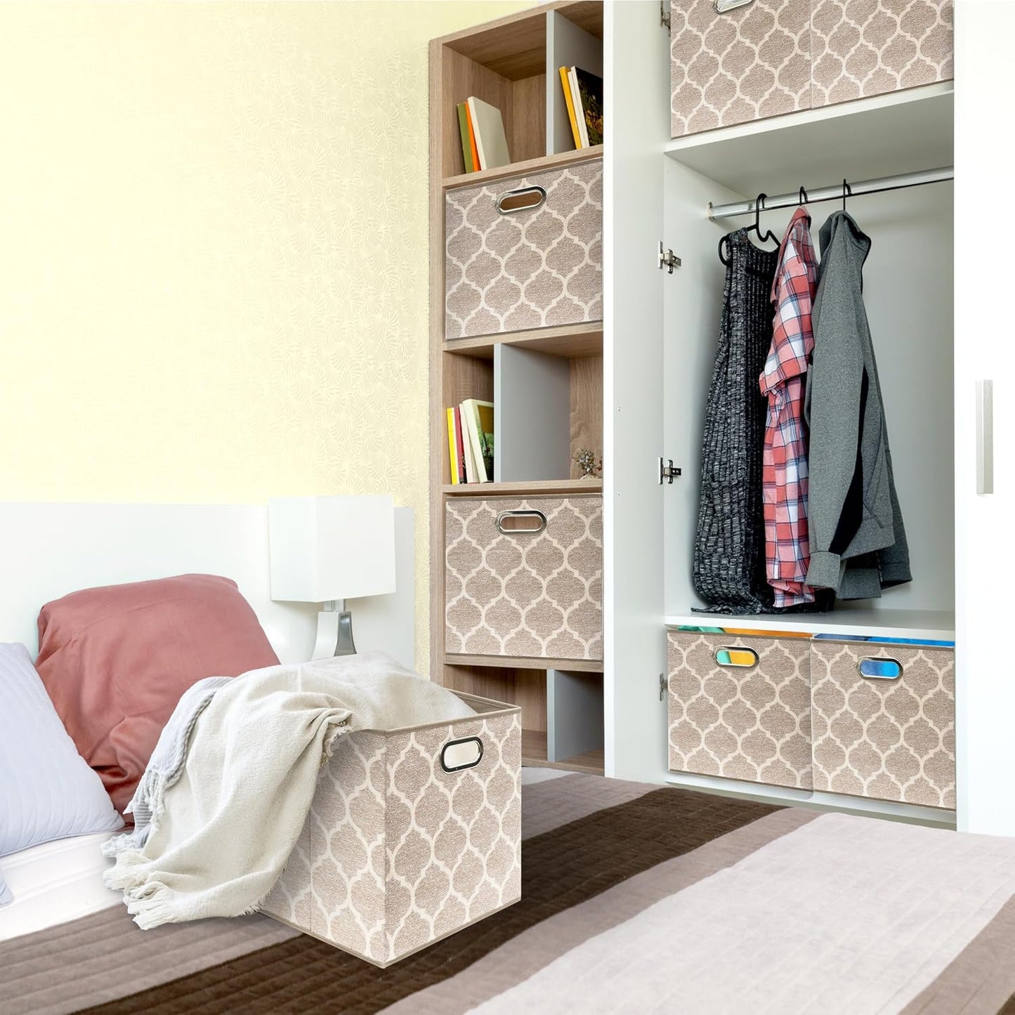 Cubo almacenamiento plegable tela 13" asas pack 3 beige