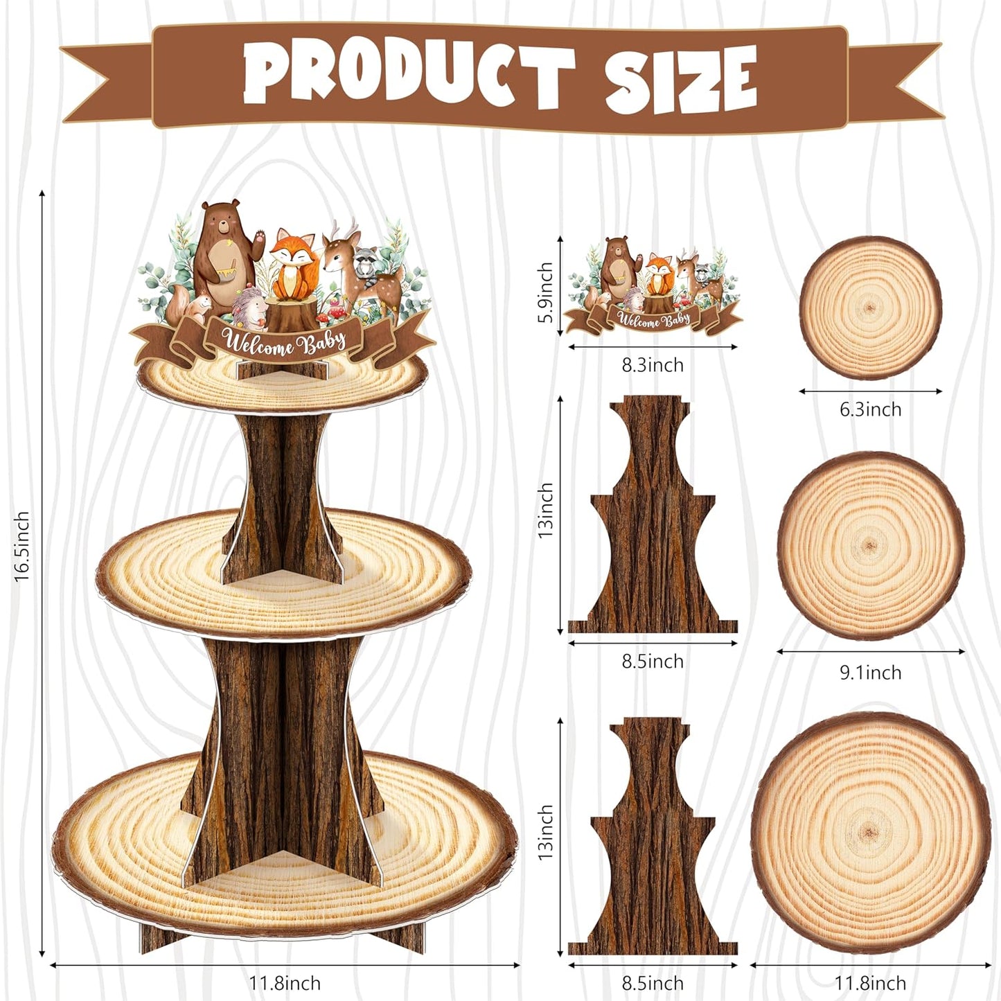 Soporte cupcakes animales bosque madera rústica 3 niveles