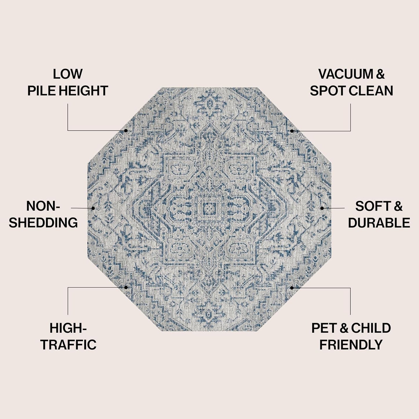 Alfombra octagonal boho 8ft azul marino/gris texturizado