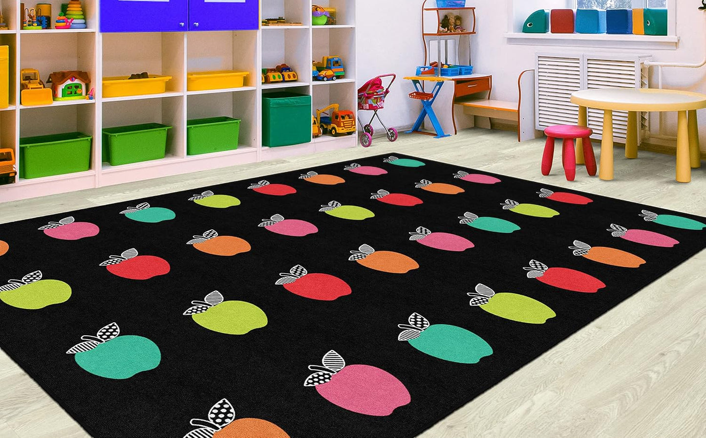 Alfombra área aula diseño manzana blanco y negro educativo
