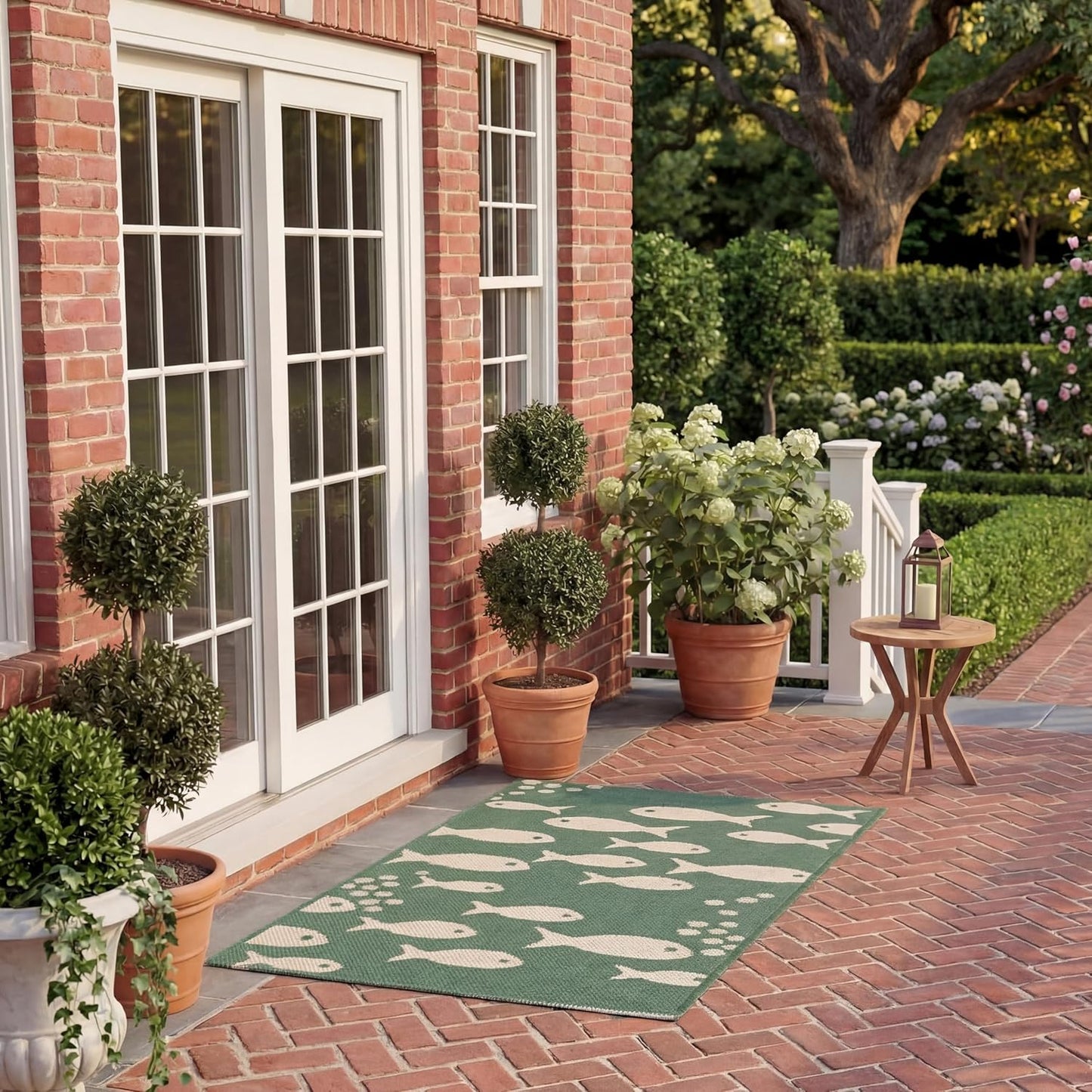 Alfombra lavable Courtyard 2'3x5' verde oscuro y marfil