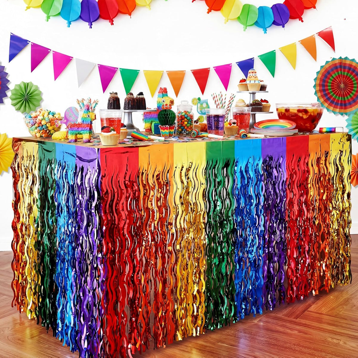 Juego de decoración del Cinco de Mayo con faldas de mesa de papel aluminio ondulado