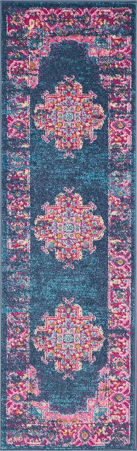 Alfombra estilo bohemio 1'10"x6' azul para dormitorio