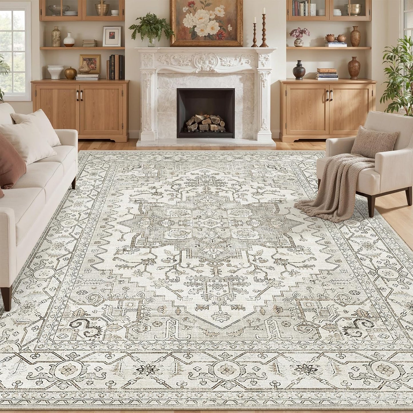 Alfombra 8x10 sala beige lavable antiderrap vintage