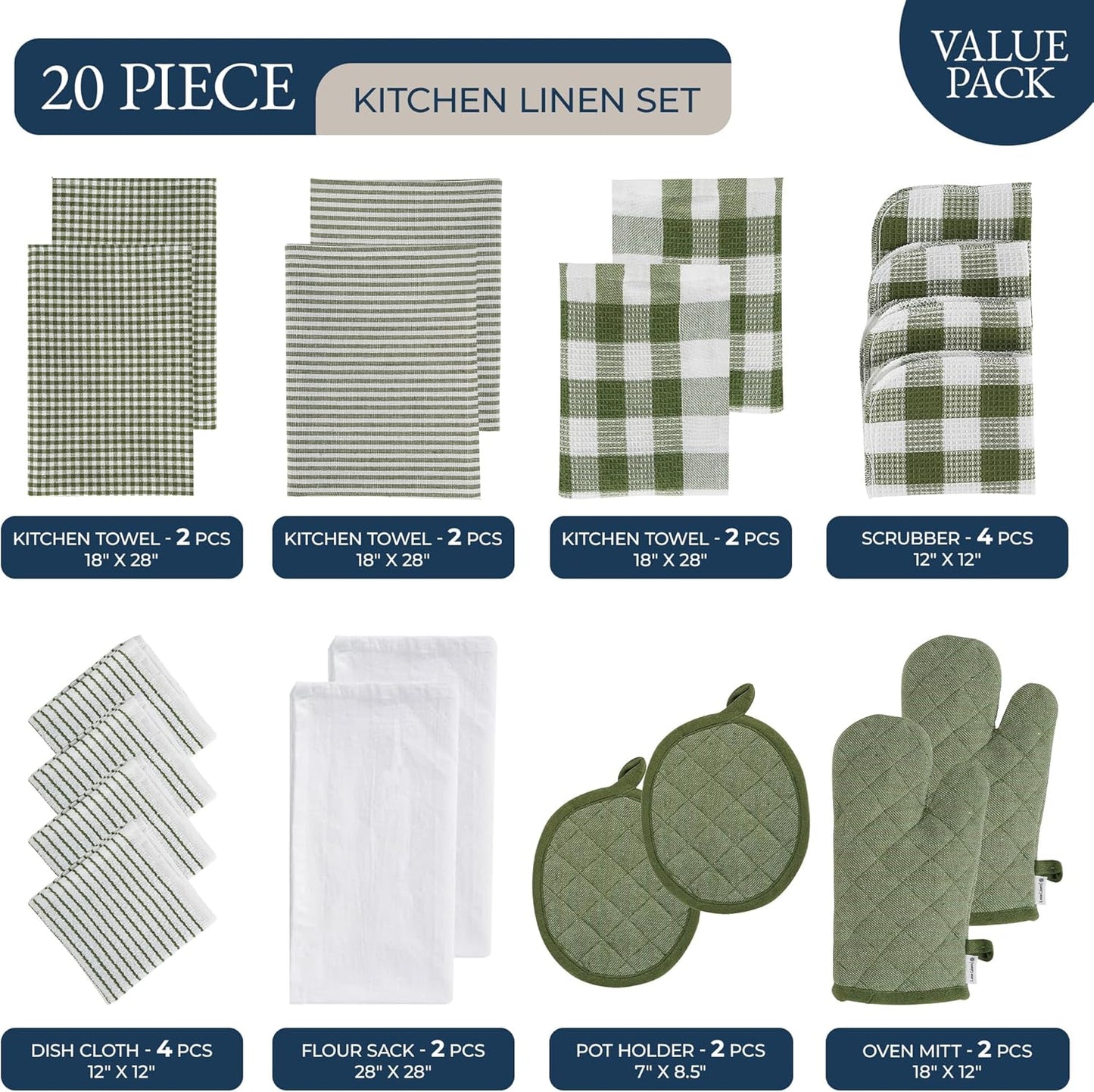 Set 20 toallas cocina algodón soportes ollas verde