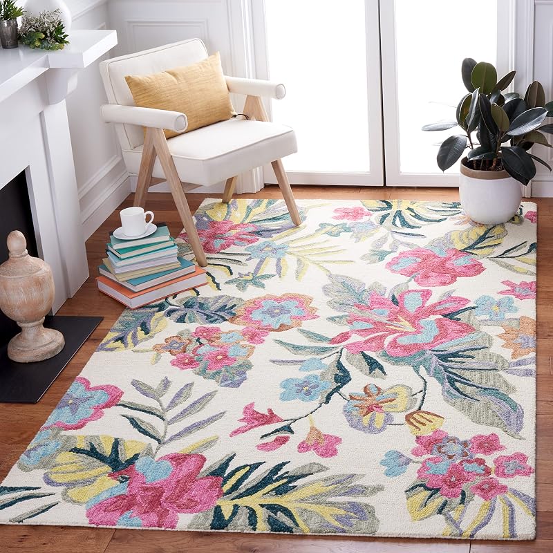 Alfombra sala dormitorio 5x8ft lana floral marfil rosa