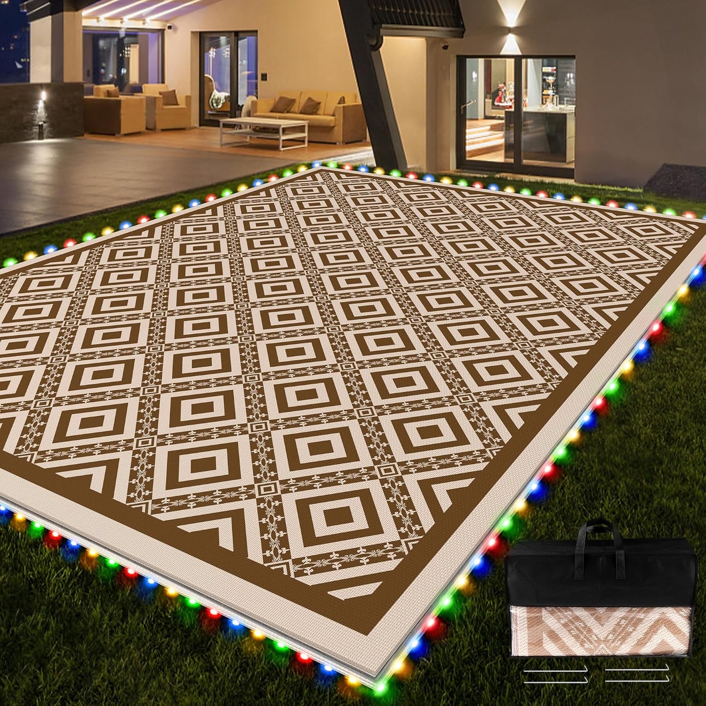 Alfombra exterior 8x10ft luces LED impermeable marrón