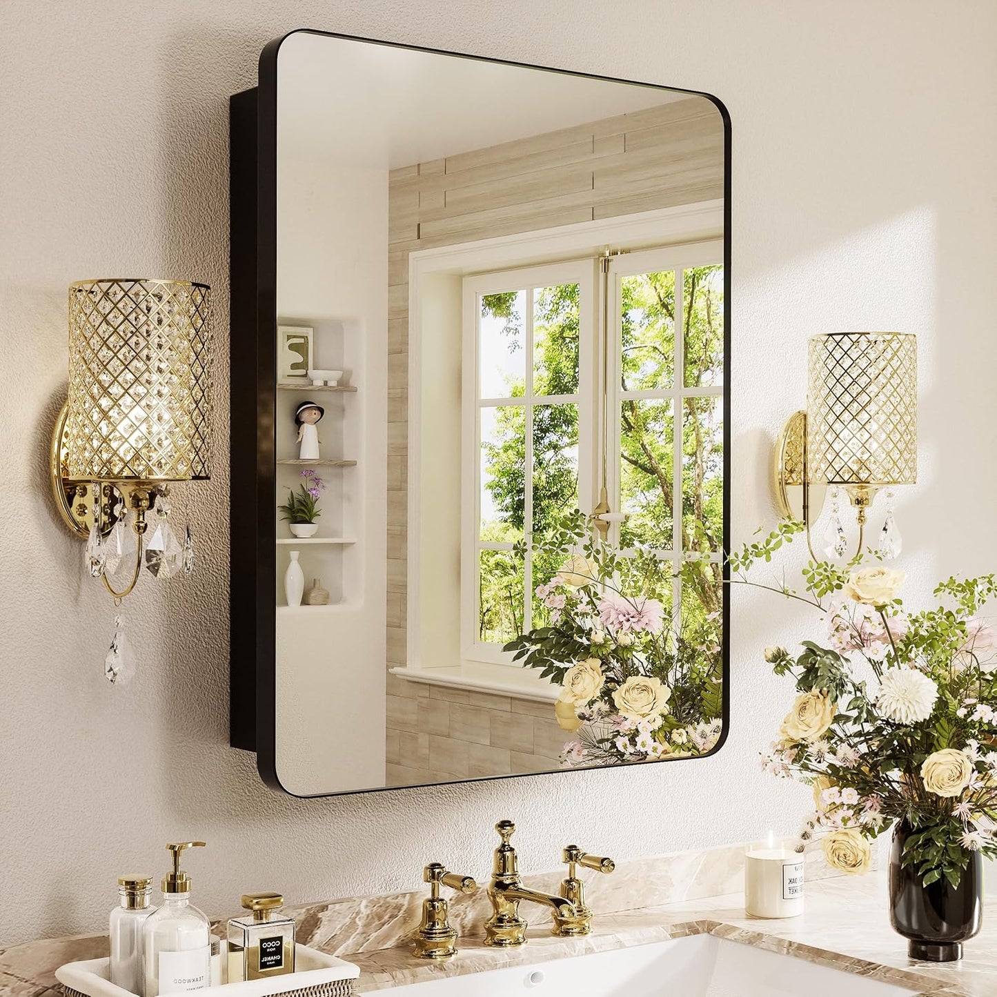 Botiquín baño aluminio 20x30pulg marco negro 6 estantes