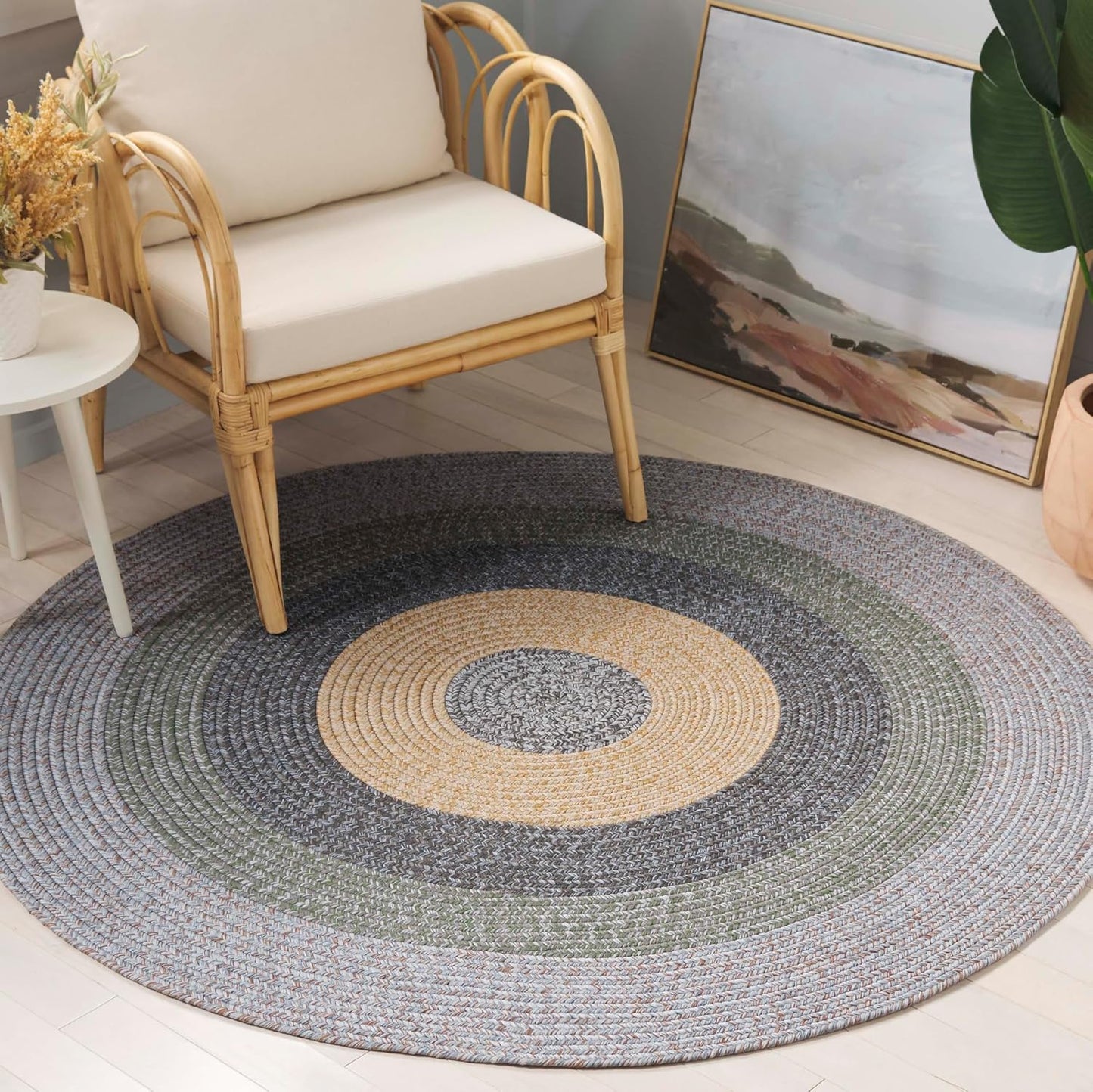 Alfombra redonda trenzada 3ft gris y verde lavable