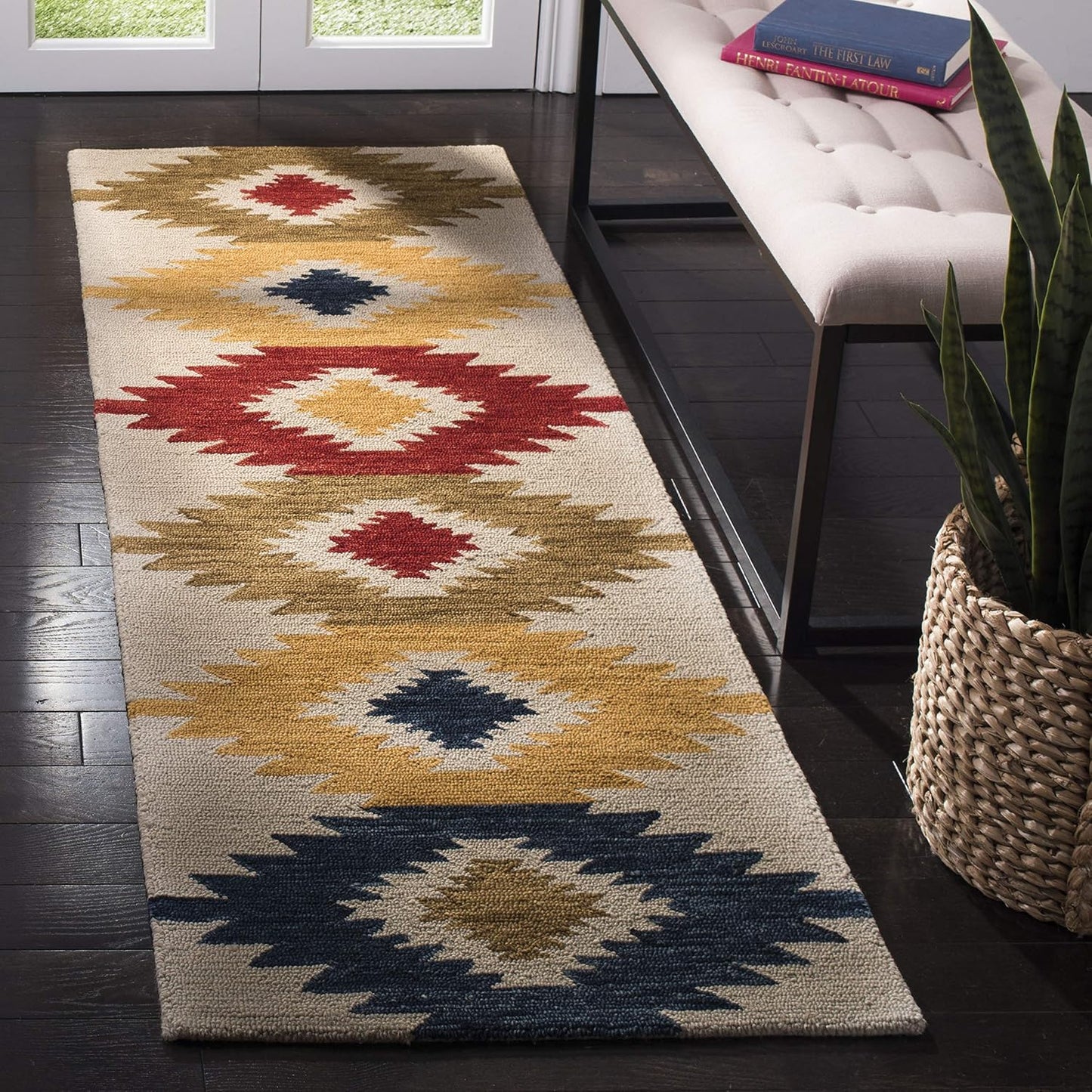 Alfombra pasillo 2'3x7' lana tribal marfil y multicolor