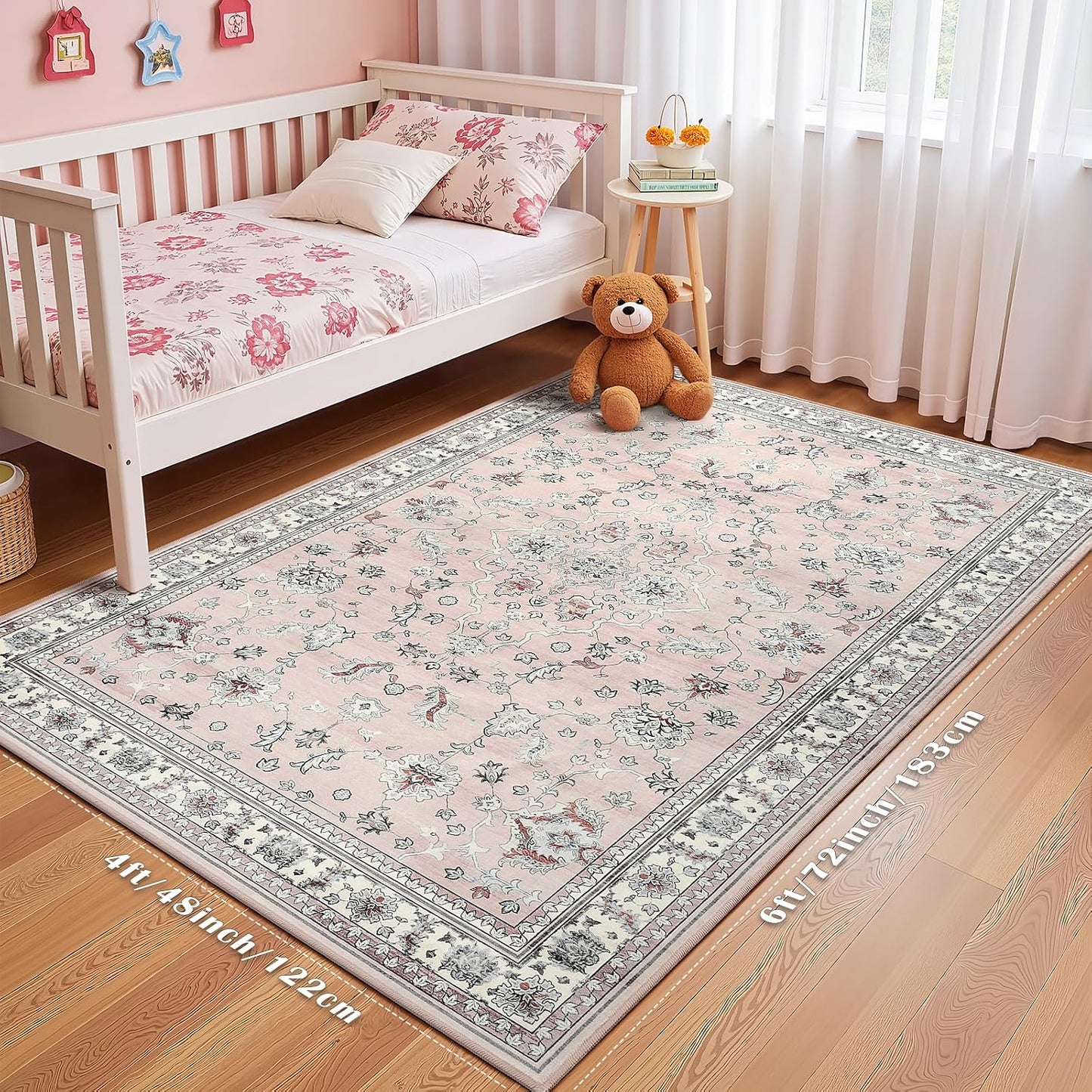 Alfombra boho rosa claro pelo bajo sala dormitorio