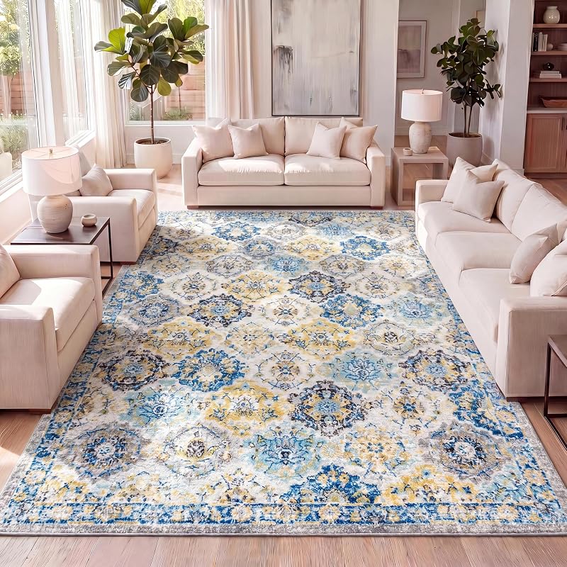 Alfombra bohemia vintage enrejada azul 8x10" sala dormitorio