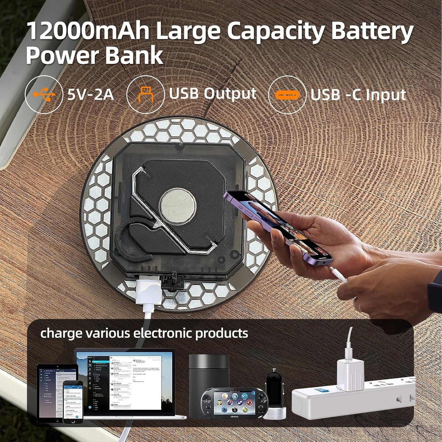 Lámpara LED recargable 12000 mAh 5000 lúmenes 3 modos IPX5