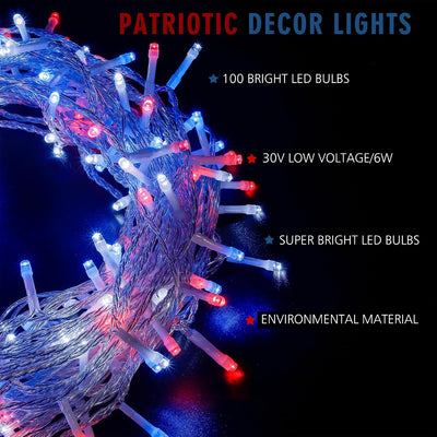 Cadena luces 4 de Julio 100 LED 33ft impermeables