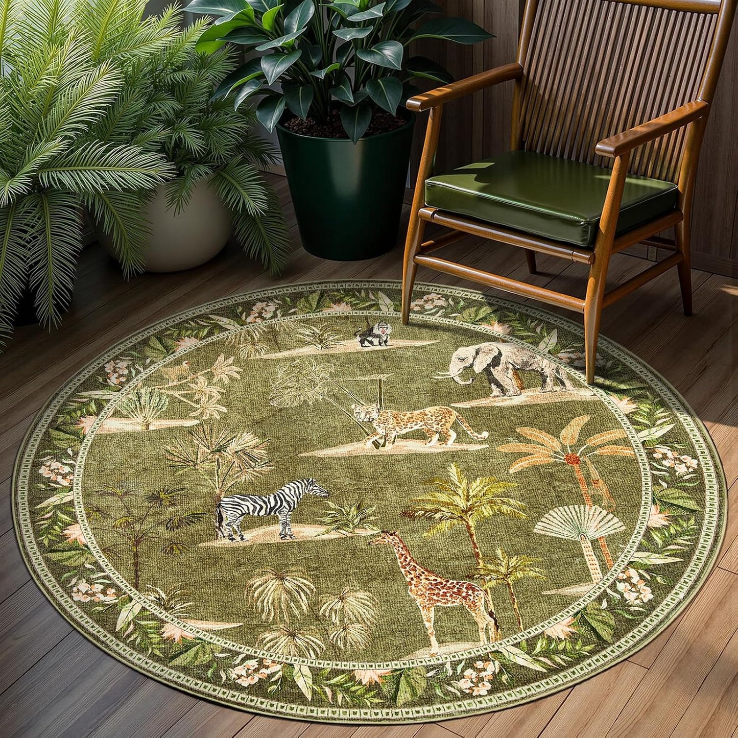 Alfombra redonda 4ft estampado selva verde antiderrap