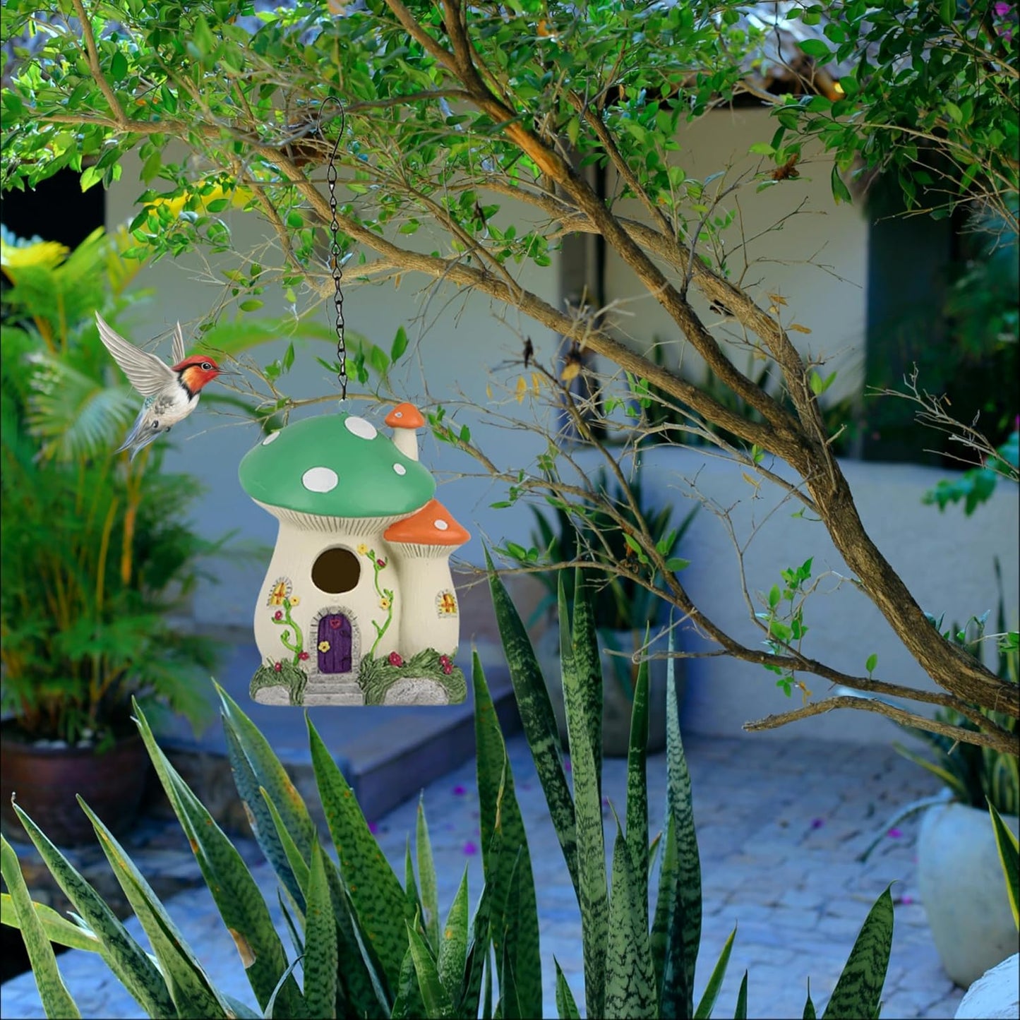 Casa pájaros resina hongos colgante patio resistente