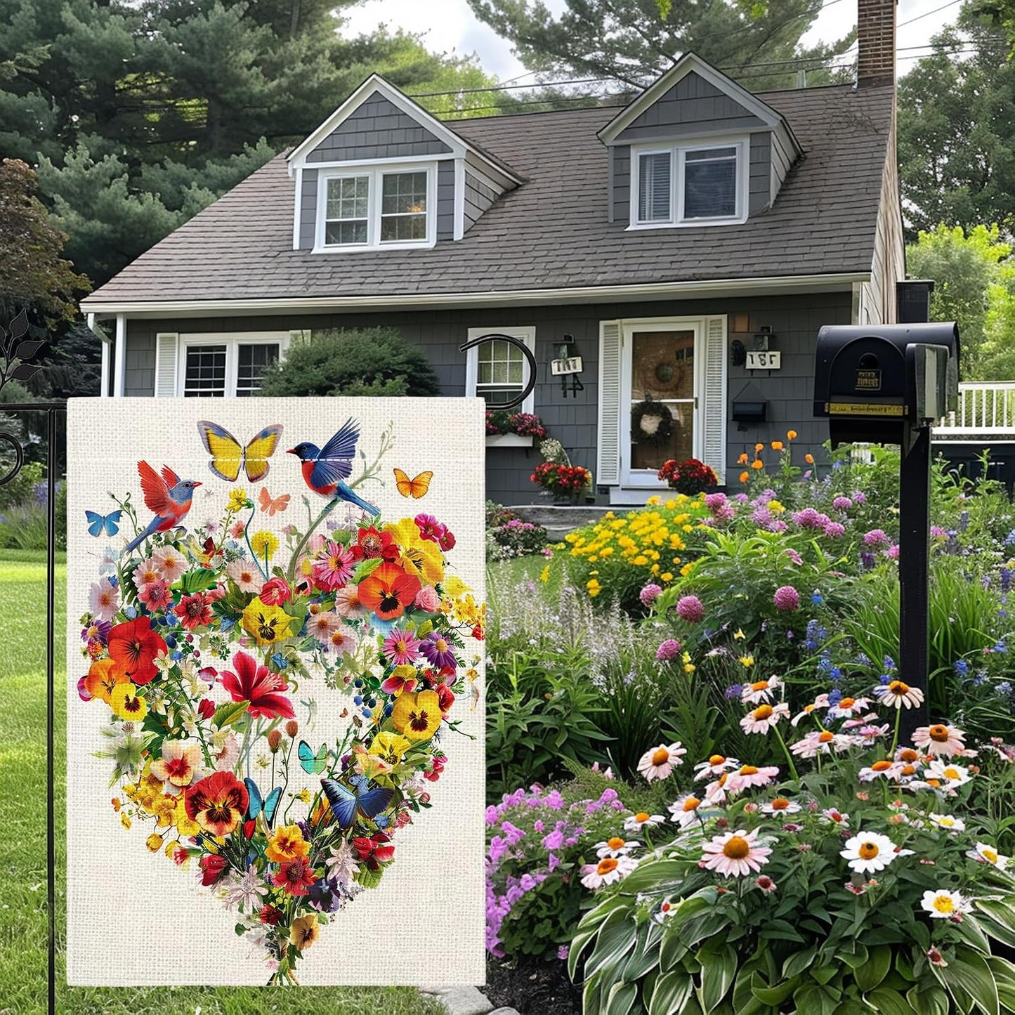 Bandera jardín doble cara 12x18pulg diseño pájaros mariposas