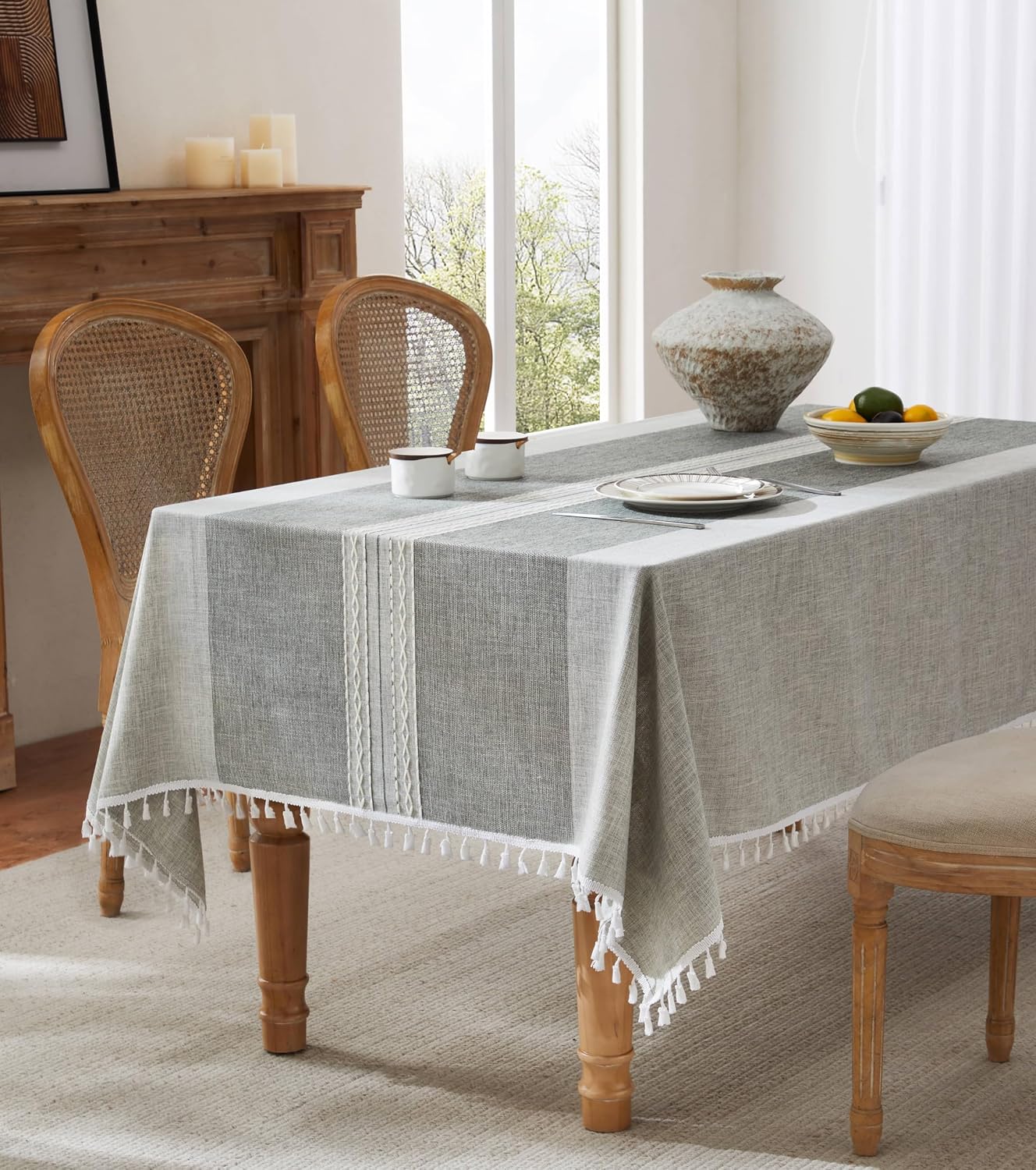 Mantel lino cuadrado 52x52pulg gris raya estilo granja